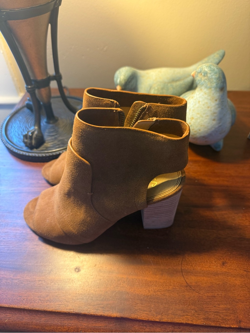 Splendid Tan Suede Peep-Toe Stacked Heel Ankle Boots - Picture 4 of 11